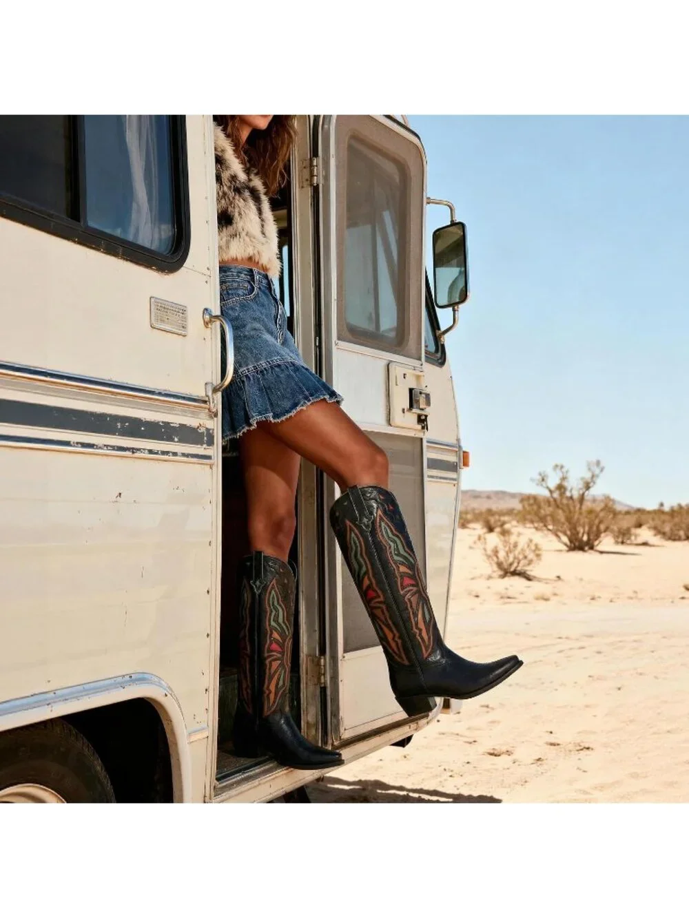 Women's Black Embroidered Wide Calf Pointed Toe Cowgirl Knee High Boots